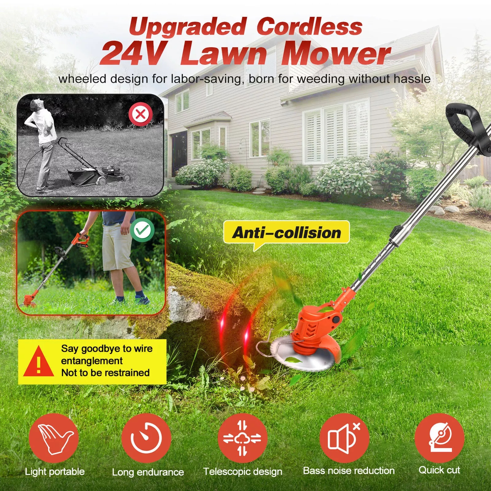 Electric Cordless Grass Trimmer, Battery Operated Weed Eaters, 21V Mower, Weed Lawn Edger Eater, Electric Grass Cuting Machine with Wheels