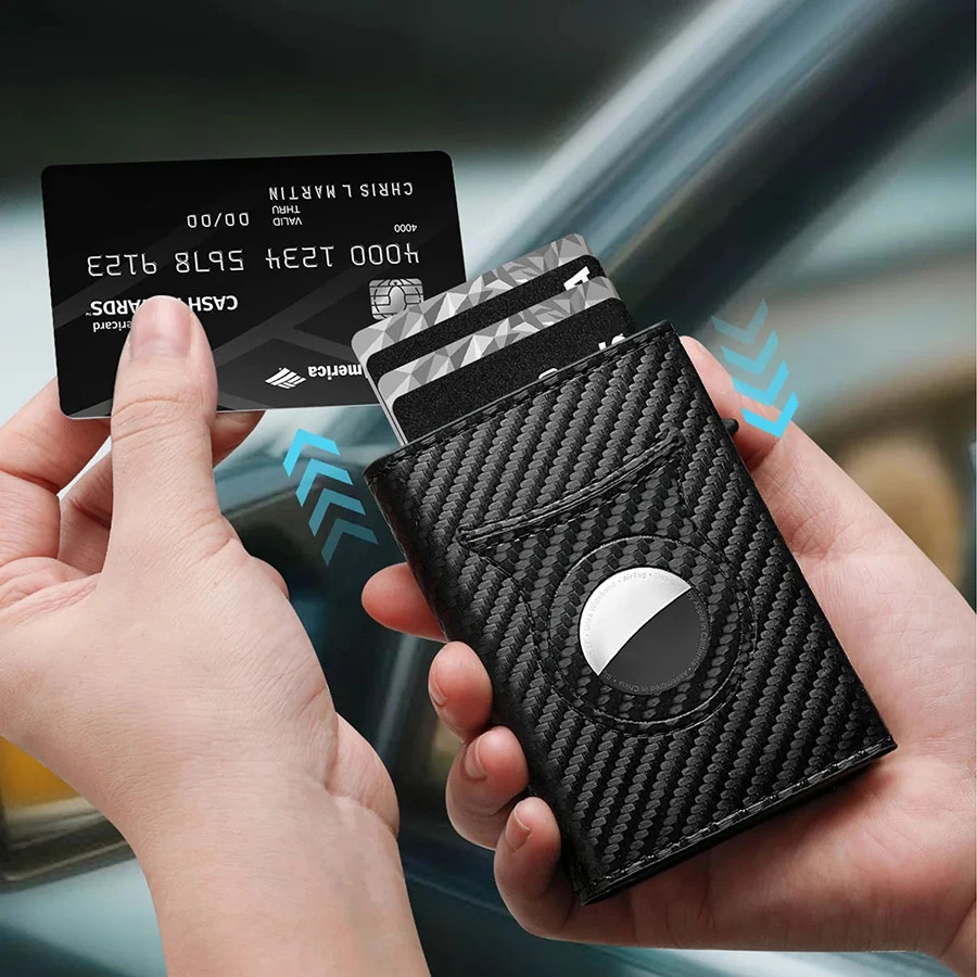Mens Carbon Fiber Magnetic Card Clip Leather RFID Triple Fold Card with Zipper Wallet Pop Up Smart AirTag Wallet251119ww