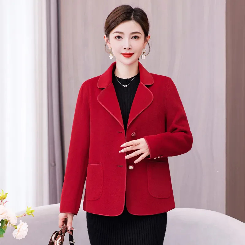 DoubleSided Woolen Coat Women 2026 Autumn Winter Fashion Pocket MiddleAged Mom Slim Short Wool Jacket Female Outwea B1392 251112
