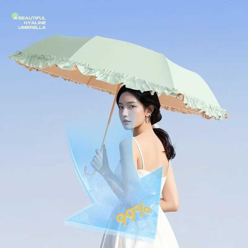 High-value lace sun protection portable sun umbrella small UV proof sunshade dual-purpose folding umbrella pure colorM251122