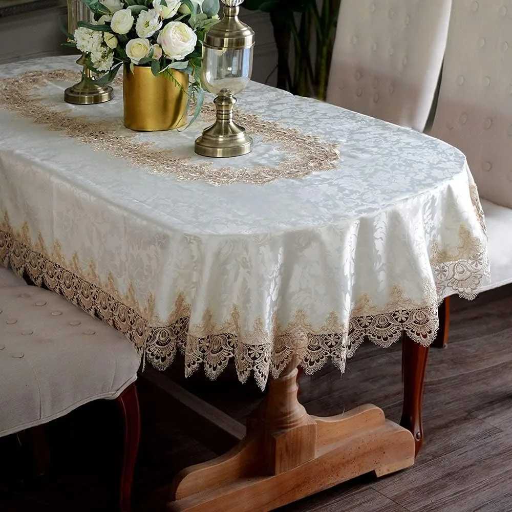 Oval Lace Tablecloth with Fall Antique Flower Design for Outdoor Farmhouse Rustic Kitchen and Birthday Parties C251122