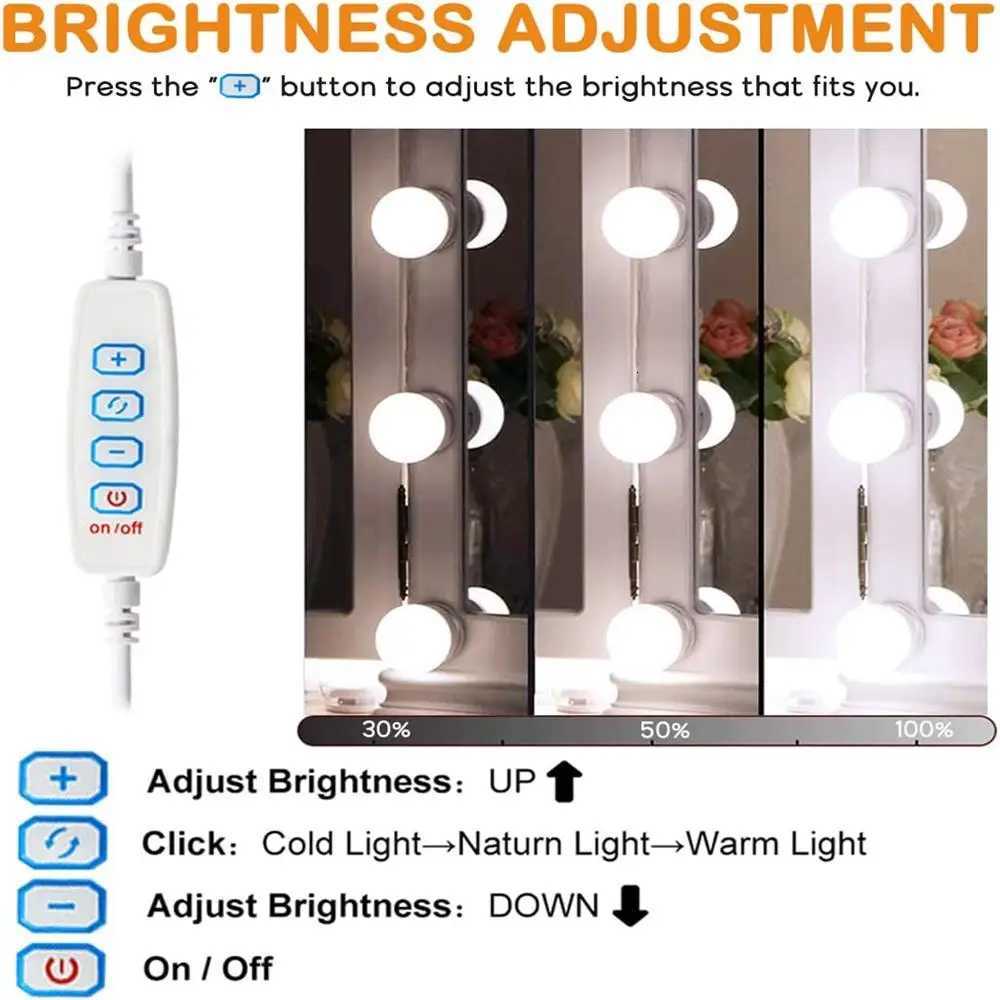 LED Vanity USB Makeup Light for Mirror with 10 Dimmable Bulbs Three Color Changes Adjustable Angle for Bathroom Table Bedroom M251122