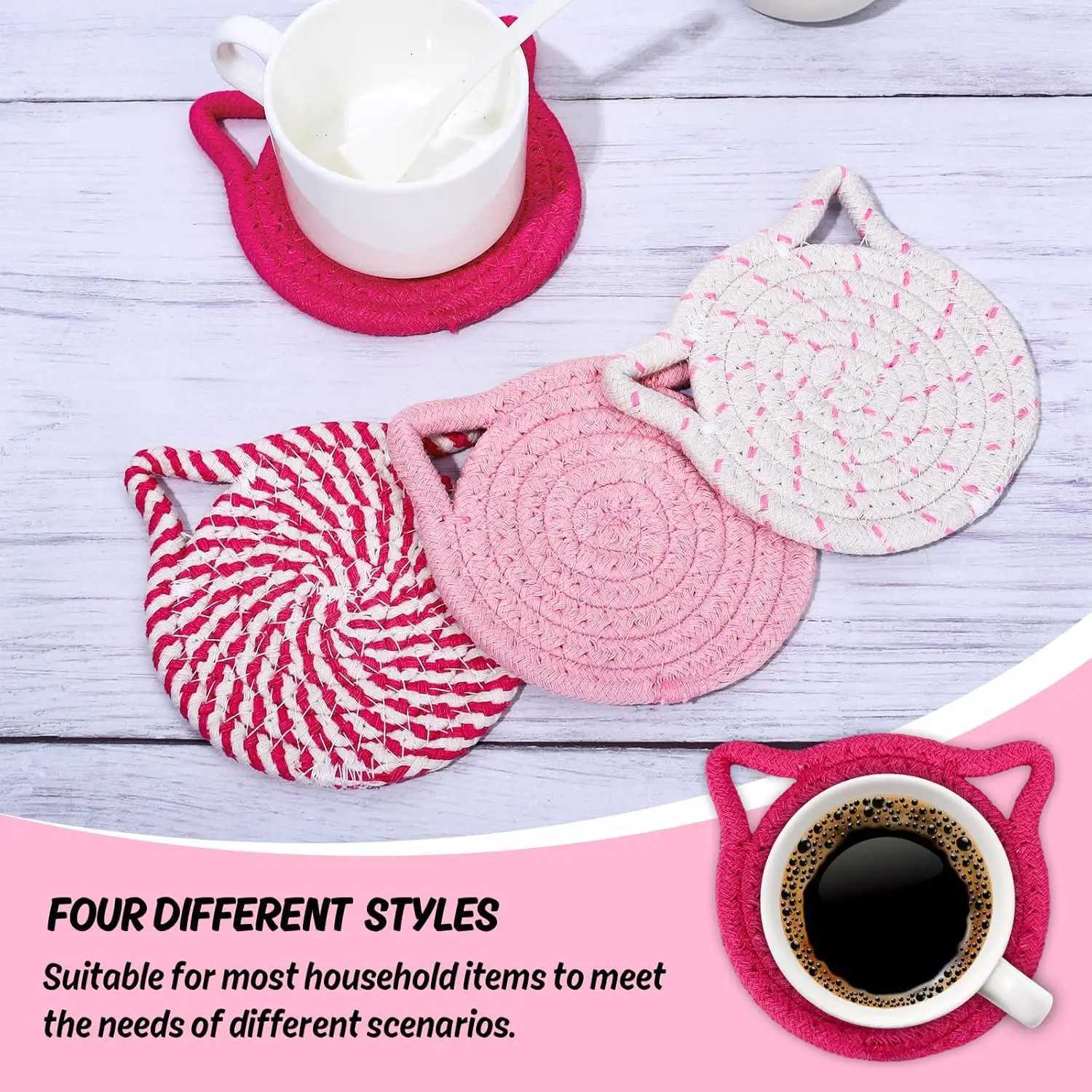 4pcs/set Cat Ear Coasters Set Brown White Handmade Braided Cotton Coasters Non-Slip Absorbent Drink Coaster with Holder C251122