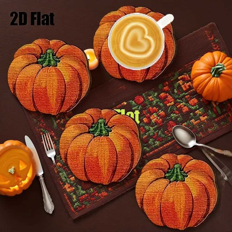 4/6pcs 2D 4in Pumpkin Shaped Wooden Coasters Colorful Print Anti-Slip Coffee Mats Kitchen Dining Room Decorative Accessories C251122