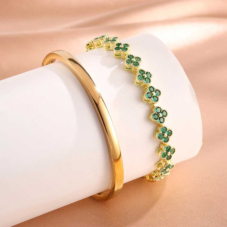 2PCS Colorful Shiny Zircon Five-leaf Flower Stacked Bracelet Bangles for Women High Quality 18K Gold-plated Stainless Steel J251122