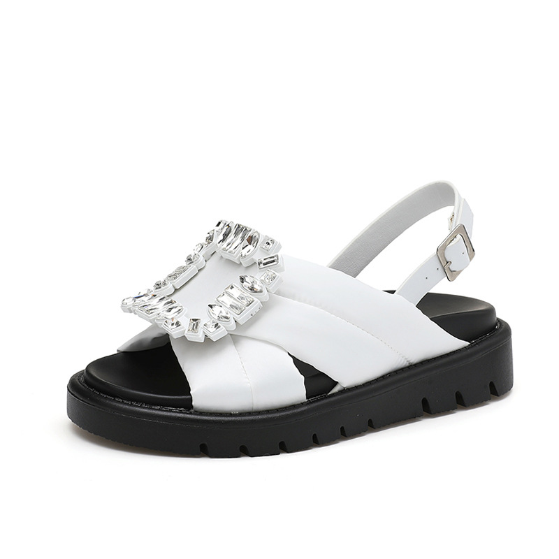 designer shoes New style women's flat sandals with diamond square buckle platform sole genuine leather fashionable Japanese and Korean trendy wom