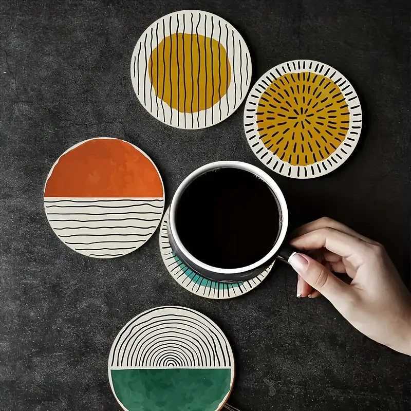 6 pieces/set of circular patterned wooden anti-slip coasters suitable for home offices and theme party decoration C251122
