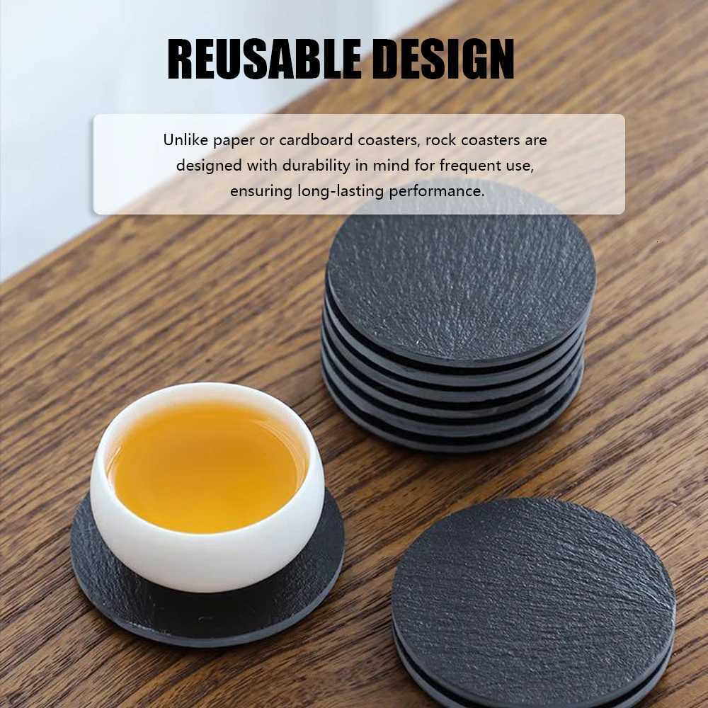 10Pcs Natural Slate Drink Coasters Round Black Stone Insulation Cup Coaster for Coffee Table Home Kitchen Bar C251122