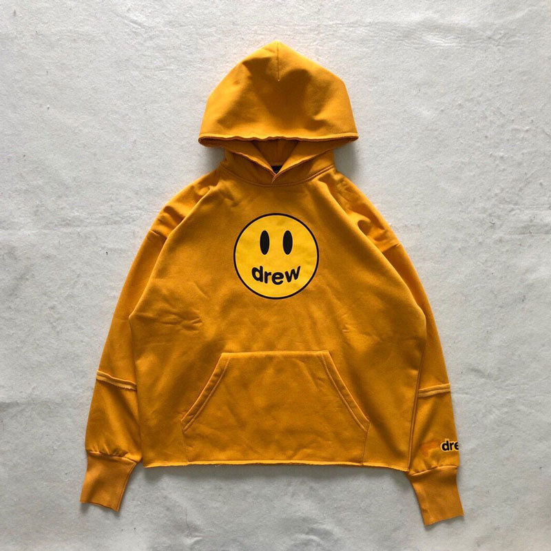 Drew House DREW Justin Bieber Smiling Face Hoodie with Yellow Fleece Lining Loose Hooded Sweatshirt for Men and Women