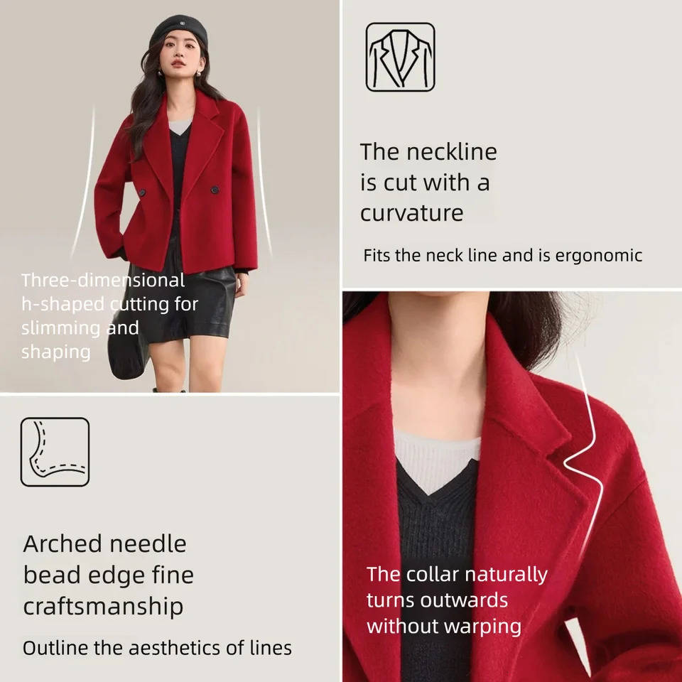 SENTUBILA Womens Wool Coats Solid Notched Longsleeve Loosefit 2025 Winter DoubleFaced Short Coat W54OA8777 251112