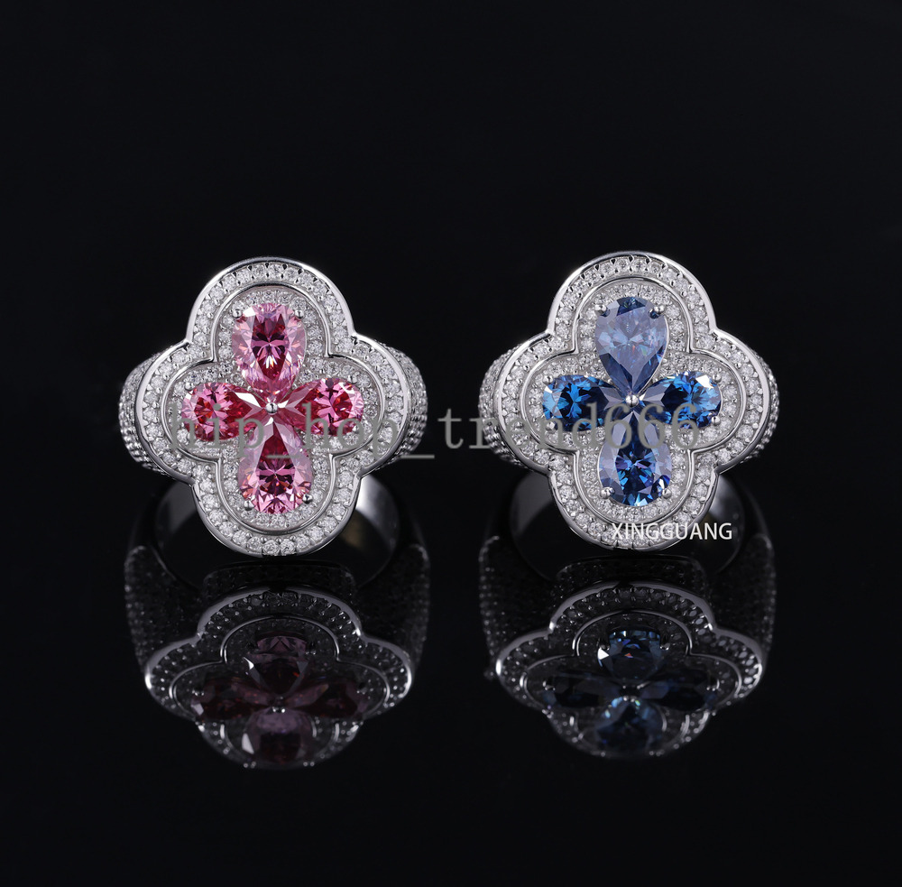 Factory Wholesale New Arrival S925 Silver Ring Shiny Pink Moissanite Blue Moissanite Ring Hip Hop Jewelry Clover Ring