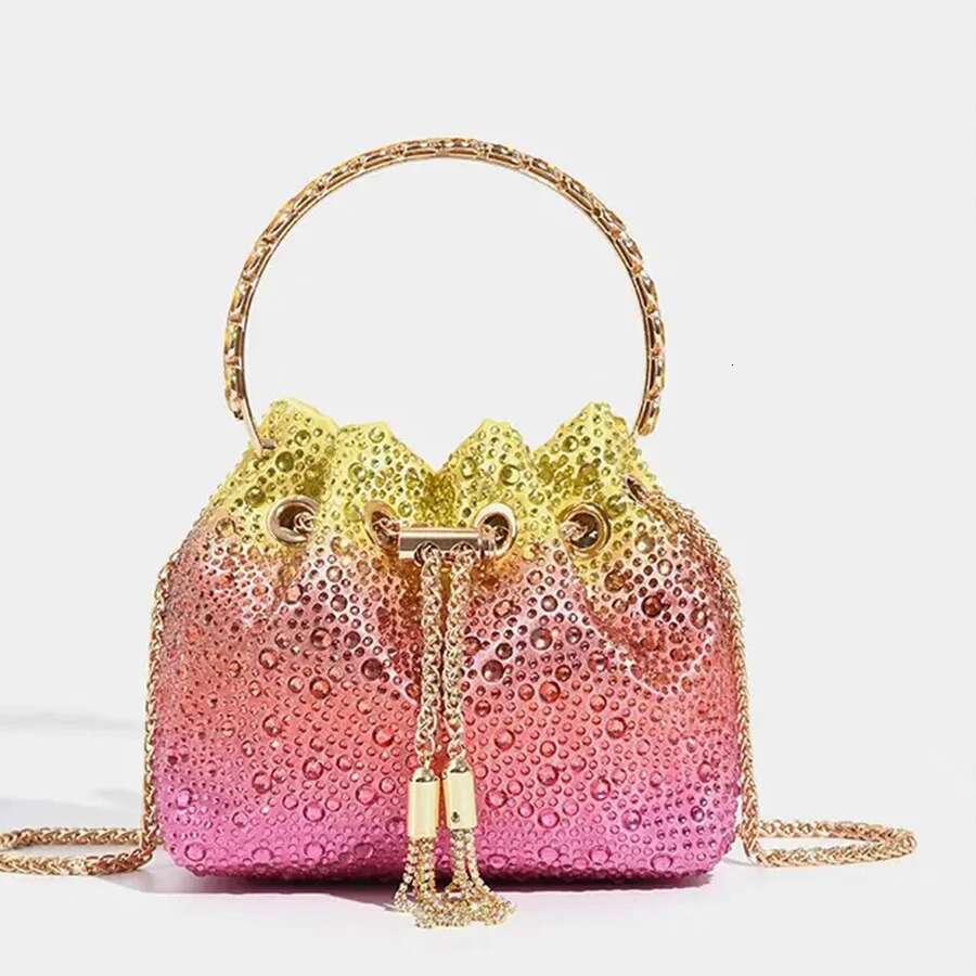 New Tassel Women S Shoulder Metal Ring Dia Bucket Bag Shiny Drawstring Handbag Tote Chain Crossbody Bags Evening Clutch Bag