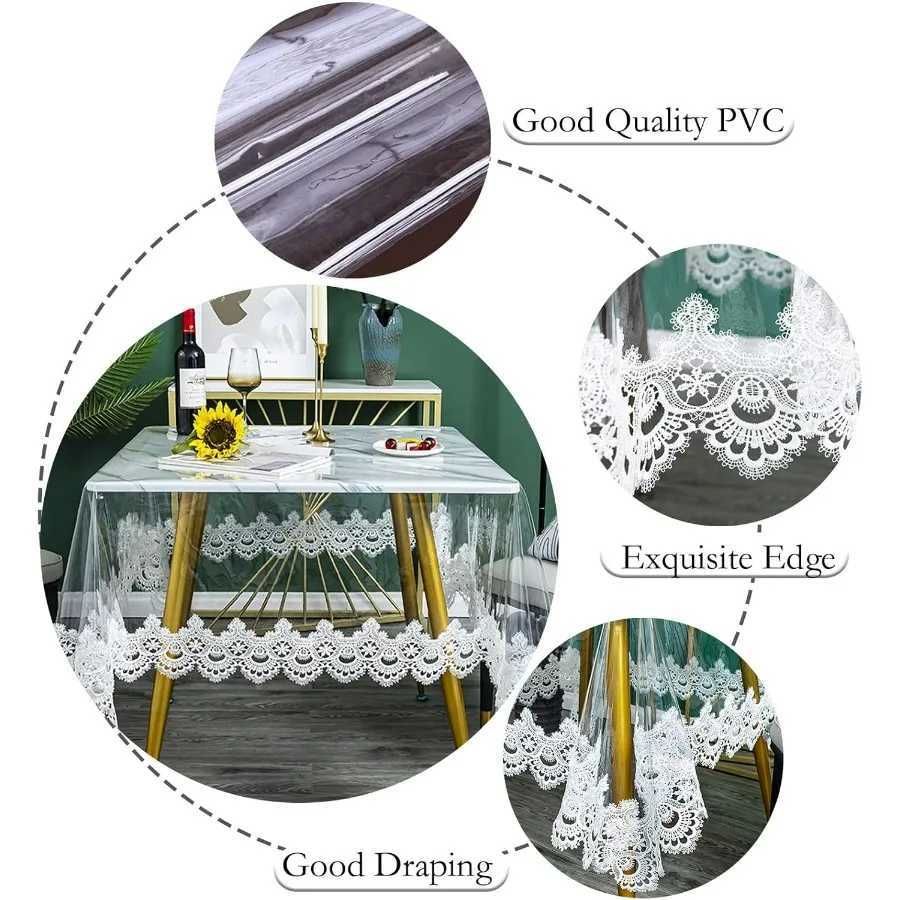 Plastic Clear Rectangle Tablecloth Vinyl PVC Waterproof Tablecloth Embroidered Lace Edge Transparent Table Cover for Kitchen Din C251122