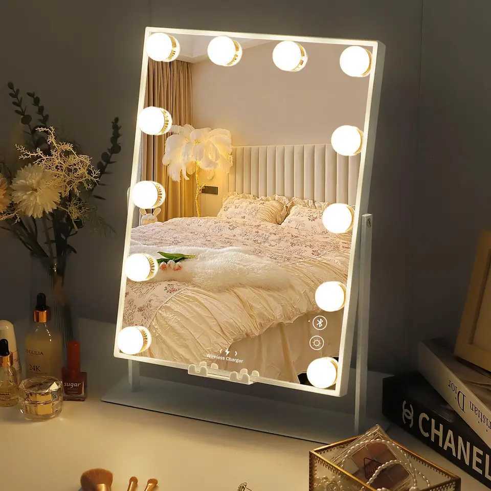 FENCHILIN White Vanity Mirror with Lights Wireless Charger Bluetooth Speaker Hollywood Makeup Mirror with 12 Dimmable Bulbs M251122