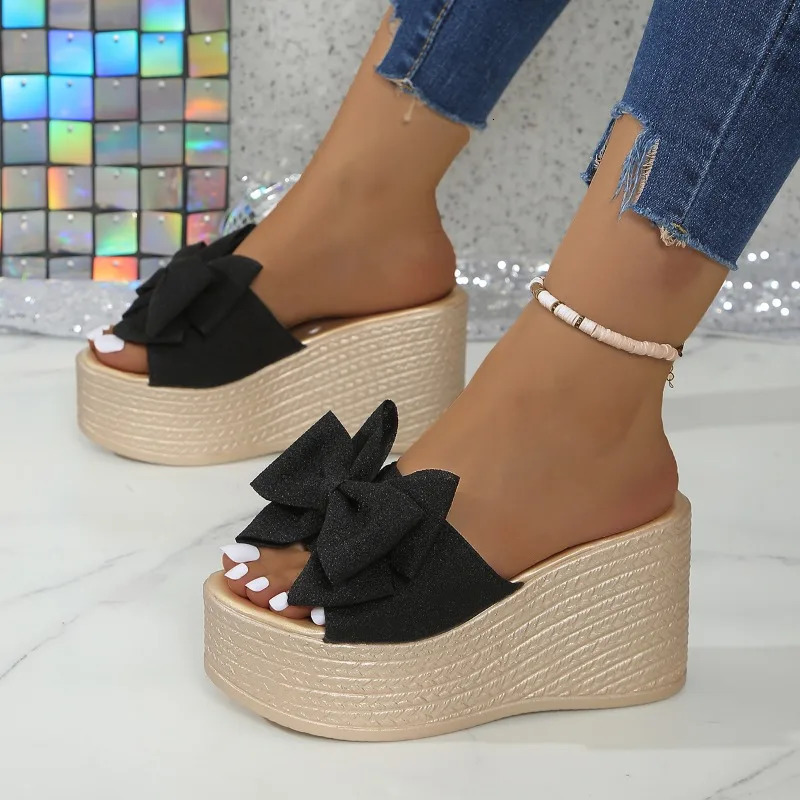 Sweet womens highheeled slippers slope heel bow summer comfortable and elegant thick soled shoes 250421BJ - view 3