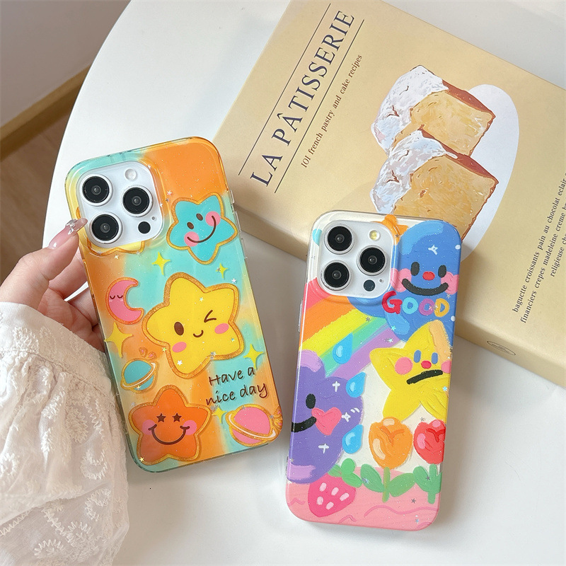 Gradient Moon Smiley Star Phone Case Compatible iPhone 16/15 Pro Max/ with Handheld Chain iPhone 14/13