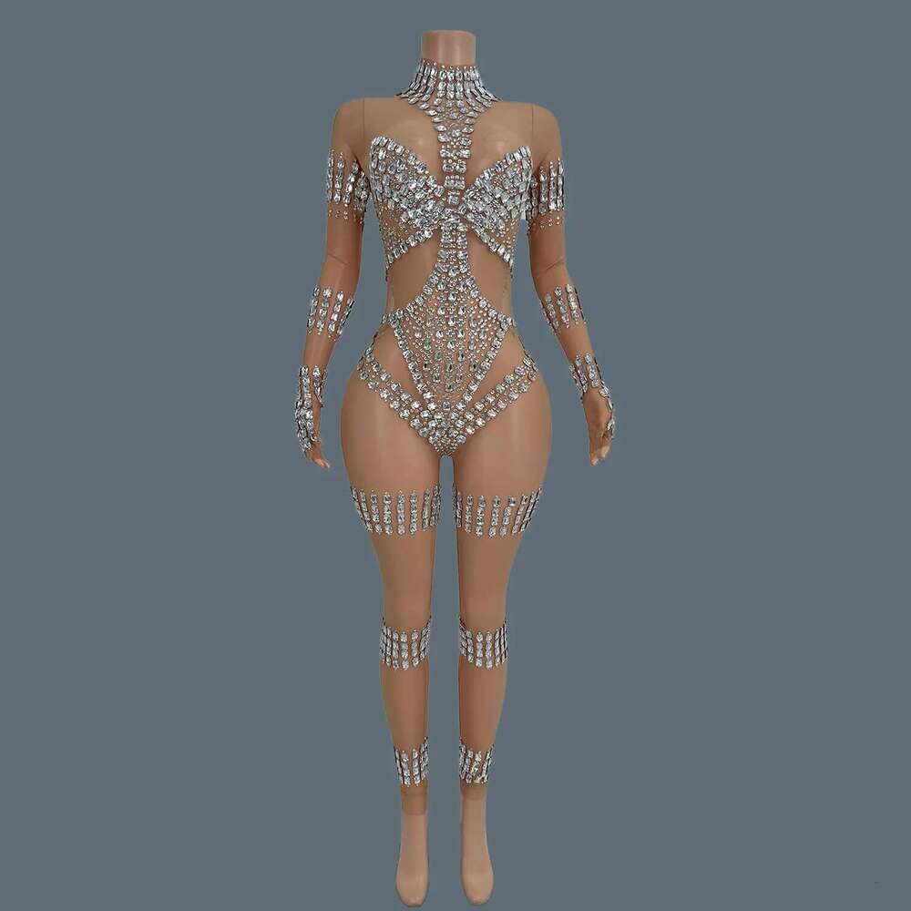 Women Sexy Transparent Playsuit Sparkly Crystals Rhinestones Mesh Strechy Jumpsuit Dance Costume Performance Stage Outfit Dunpai