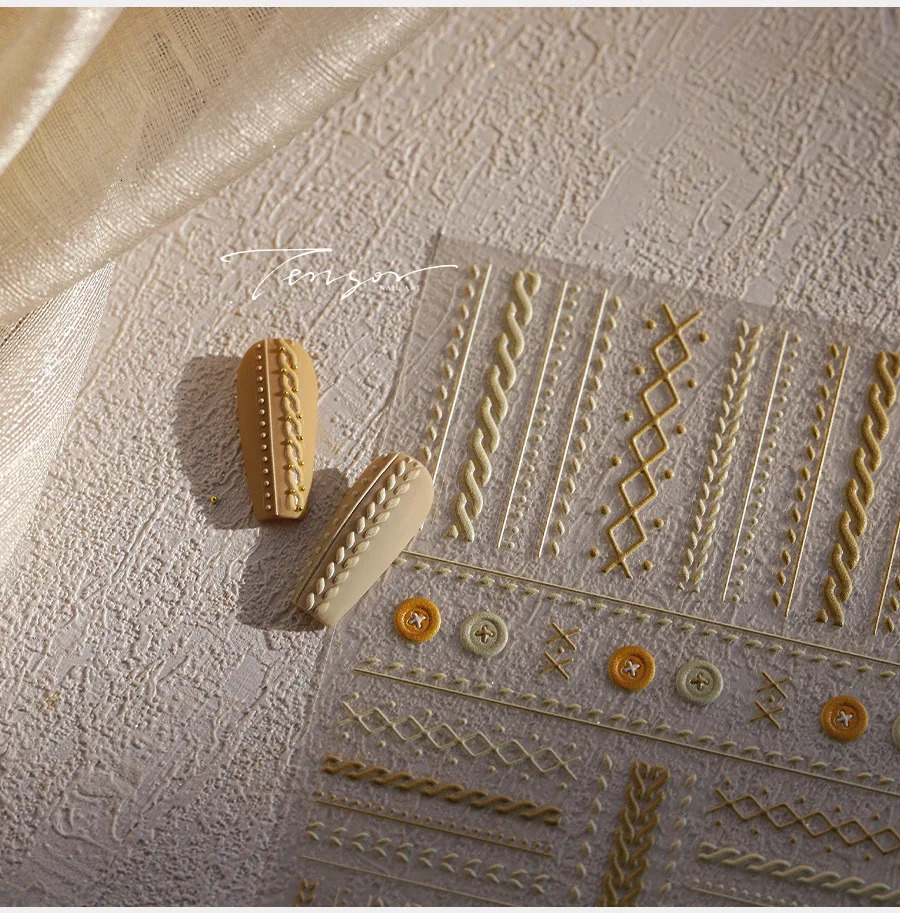 Woolen Grid Pattern Button Bowknot Nail Art Stickers Embossed n Adhesive Winter Decoration High Quality 251106