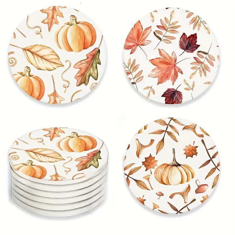 6/12pcs 4in Golden Pumpkin Leaf Colour Printing Wooden Coasters Anti-slip Round Autumn Home Cafe Bar Halloween Decoration Gift C251122