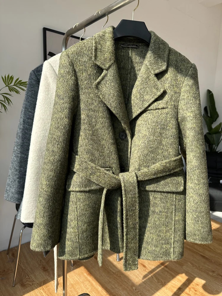 Autumn Winter Casual Doublesided Wool Coat Short Female Fashion Loose Mulberry Silk Woolen Lapel Laceup Warm Women 251112