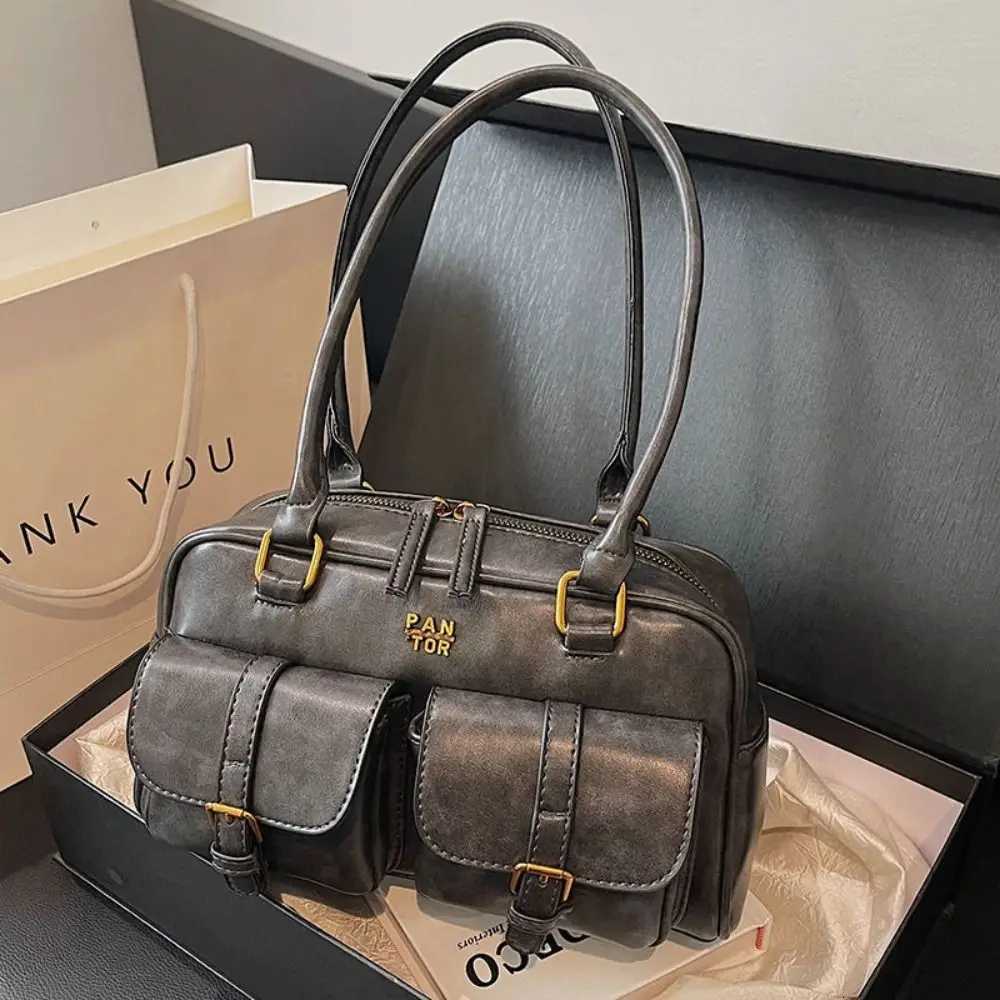All-match Korean Style PU Bowling Bag Patent Leather Solid Color Pocket Boston Tote Bag Handbag French Style Underarm Bag GirlsT251122