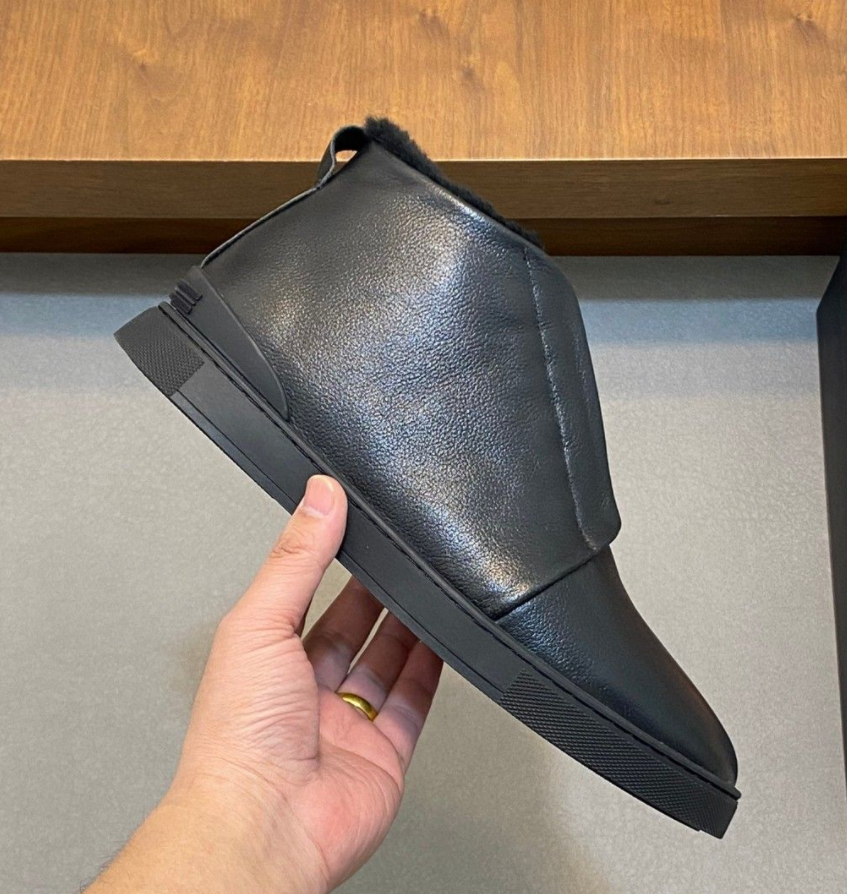 Men Casual Dress Shoes HIgh Top Fur Leather Sneakers Wool Flats Ermenegildo triple stitch Casual Low-Top Fashion Shoes for Everyday Wear Warm Trainers 38-45EU