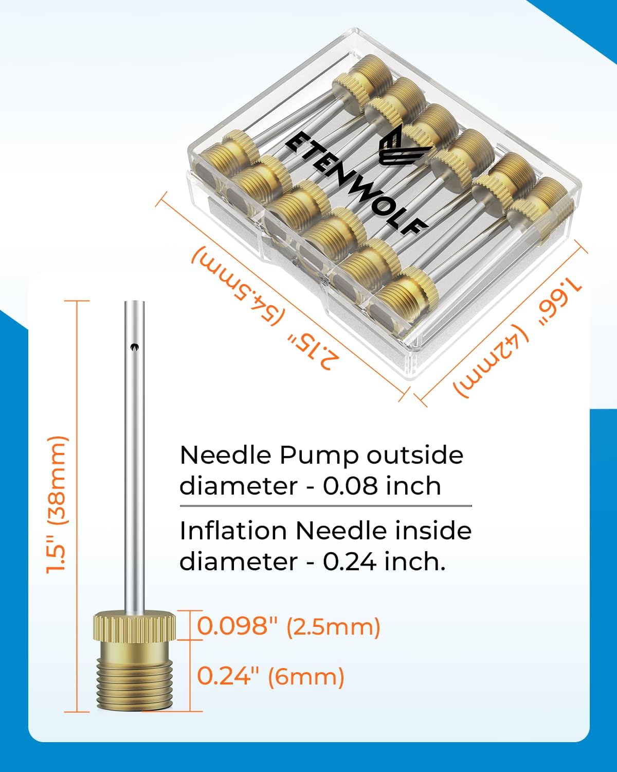ETENWOLF 12 Pack Brass Ball Pump Needles, No Break Heavy Duty Air Pump Needles for Balls with Storage Case, Compatible with Hand Pump and Electric Pum