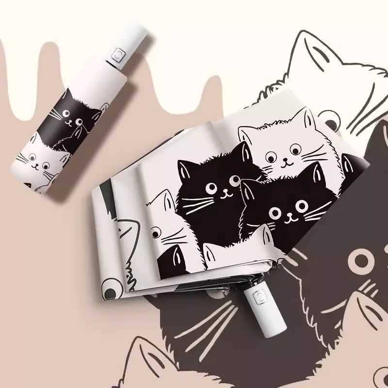 Black and white cat auto umbrella for sun and rain cute portable sunshade with UV protection black rubber folding sun umbrellaM251122