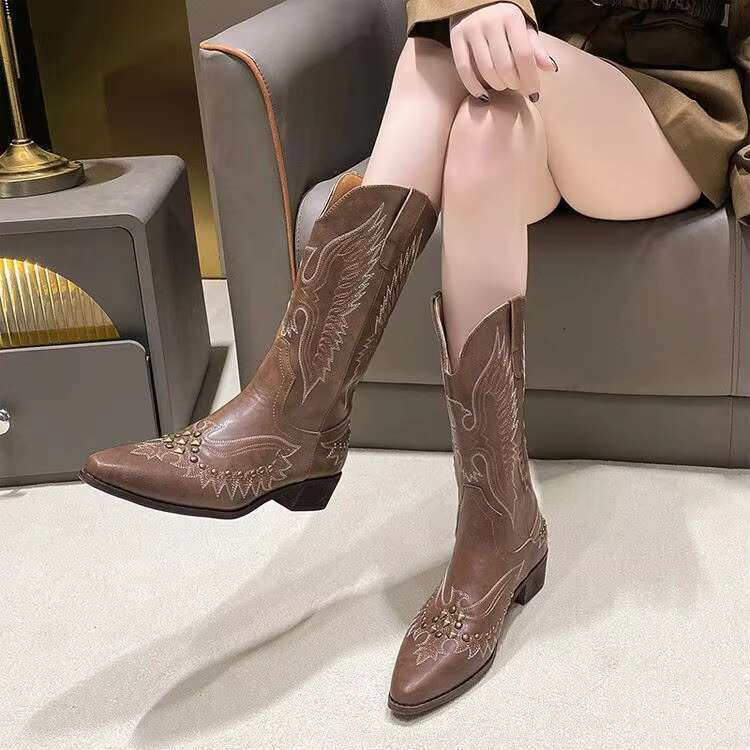 DHgadgets Western Custom Fashion Embroidery Party Countryside Knee High Cowboy Boots for Women