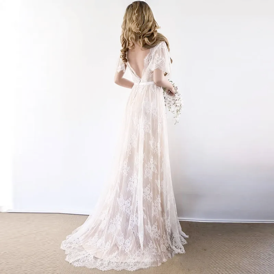 New Boho Wedding Dress 2026 V Neck Cap Sleeve Lace Beach Wedding Gown Cheap Backless Custom Made Bride Dresses robe de mariage ZJ1504