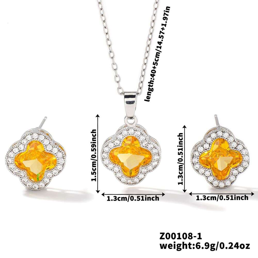 Micro inlaid clover necklace earrings two-piece set, women's light niche design, high-end feeling, internet celebrity temperament jewelry set