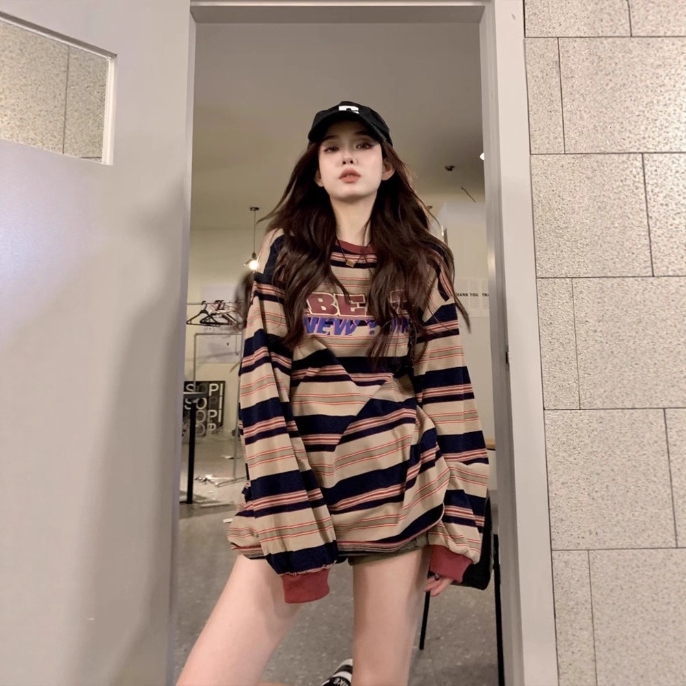 American designer striped round neck hoodie with women's fleece, new Korean version loose and lazy style mid length hip covering top