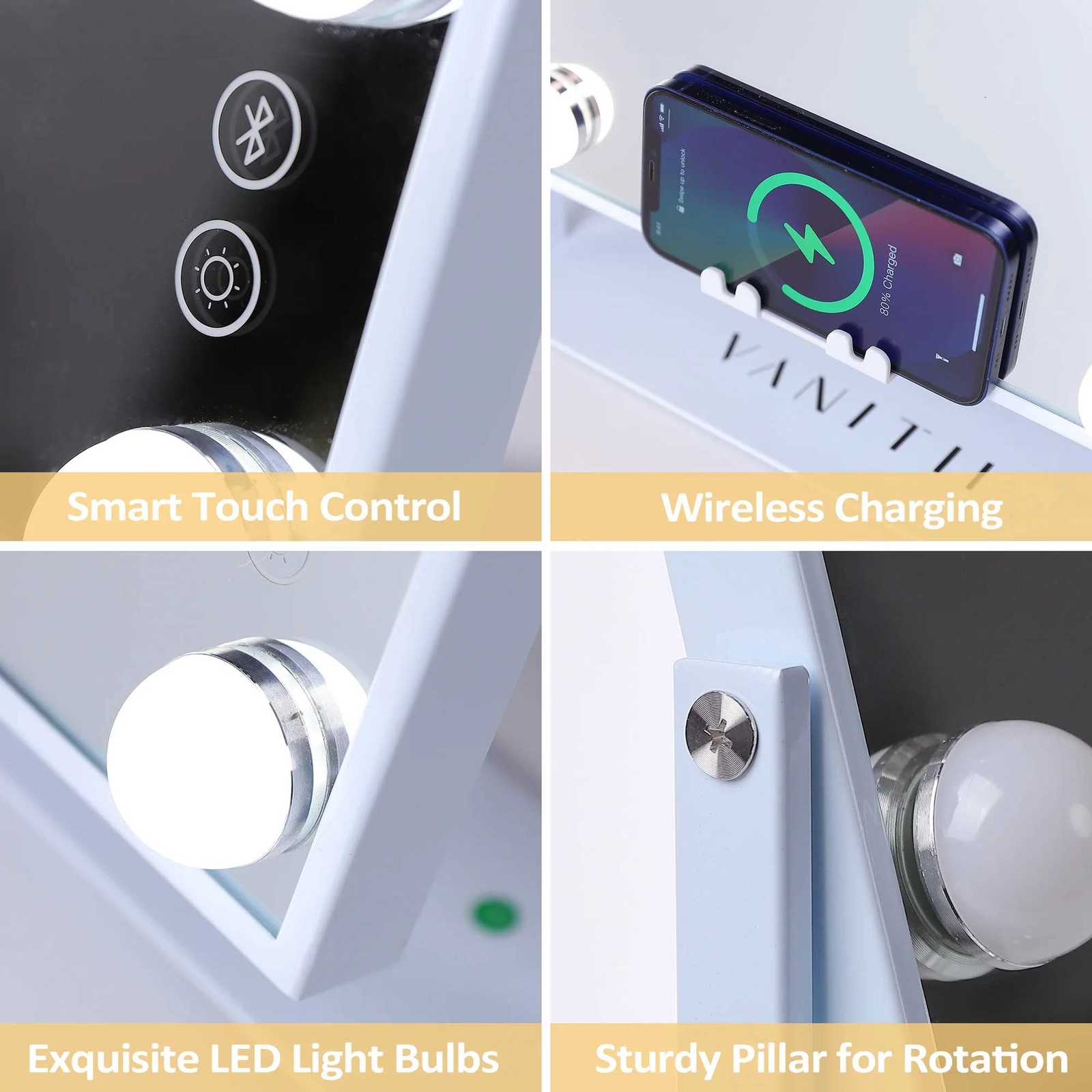 FENCHILIN White Vanity Mirror with Lights Wireless Charger Bluetooth Speaker Hollywood Makeup Mirror with 12 Dimmable Bulbs M251122