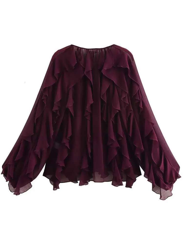hoodie Summer Chic Women's Elegant Loose Long Sleeve Layered Shirts Office Lady Vintage V-Neck Translucent Tierred Ruffles Blouses jacket