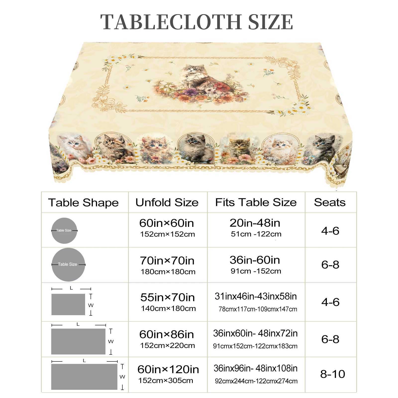 1 Piece of Spring Golden Retro Cat Print Round Tablecloth Cute Cat Flower Pattern Rectangular Decorative Tablecloth Party Decoration Home Kitchen C251