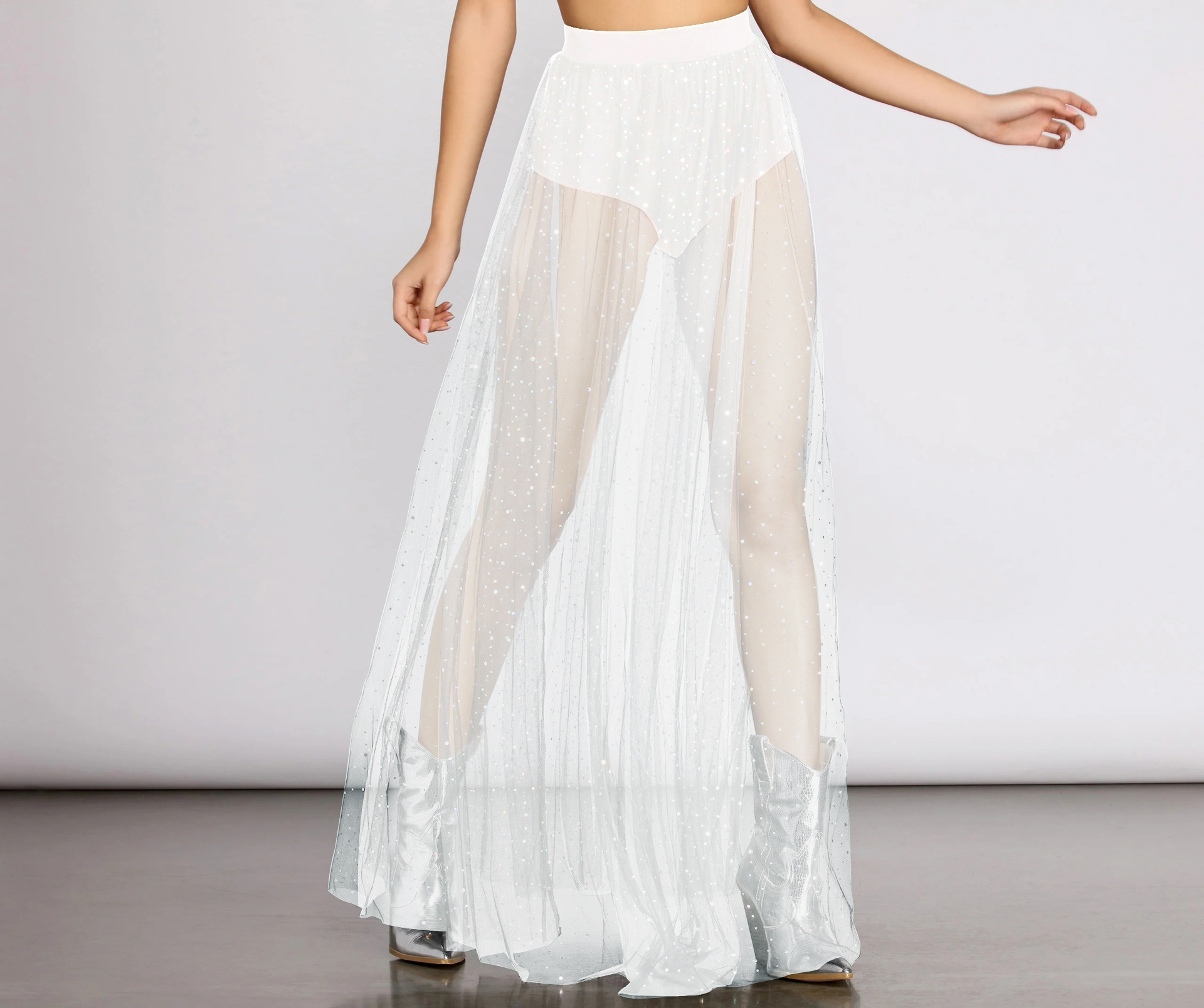 Skirts Women's Sexy Sheer Pleated & Lace Sparkling Tulle High-Waisted Bodycon Midi Skirt