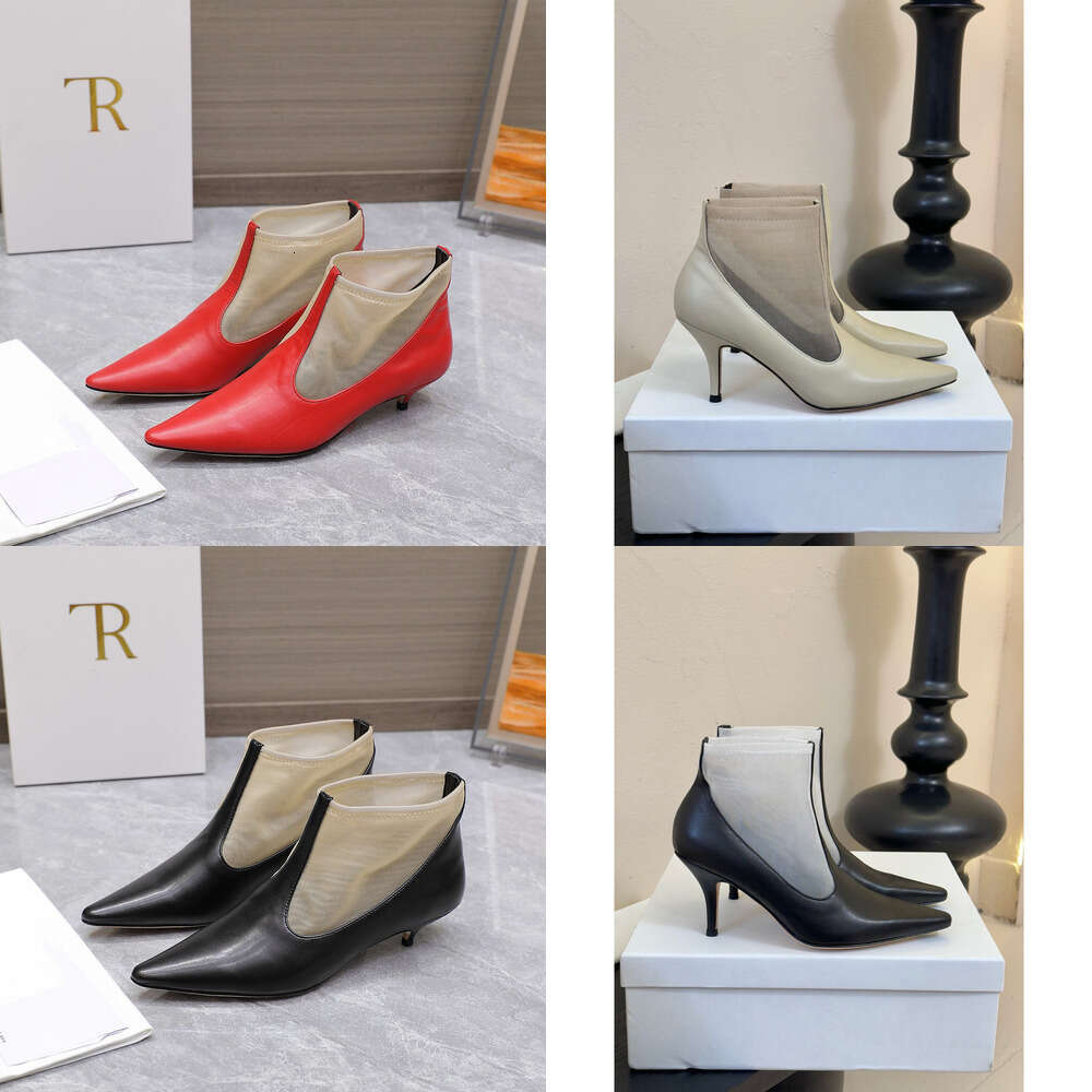 TOP quality designer Shoes luxury ROW Leather and mesh Women ankle boots shell toe fashion low heel kitten pointed end boots Size 35-41 womens comfortable sandal shoe