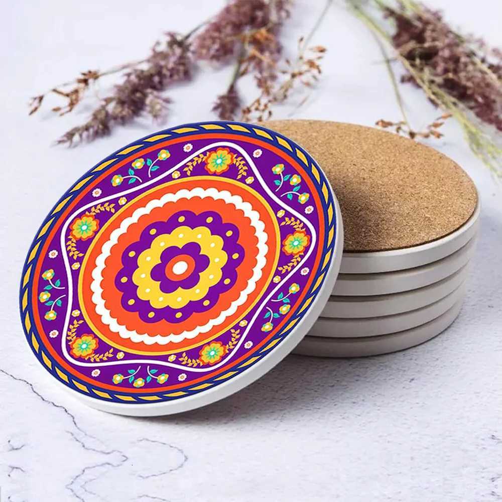 Mandala Style Enamel Coasters for Drinks Cork Base with Holder for Friends Funny Birthday Housewarming Kitchen Bar Decor C251122
