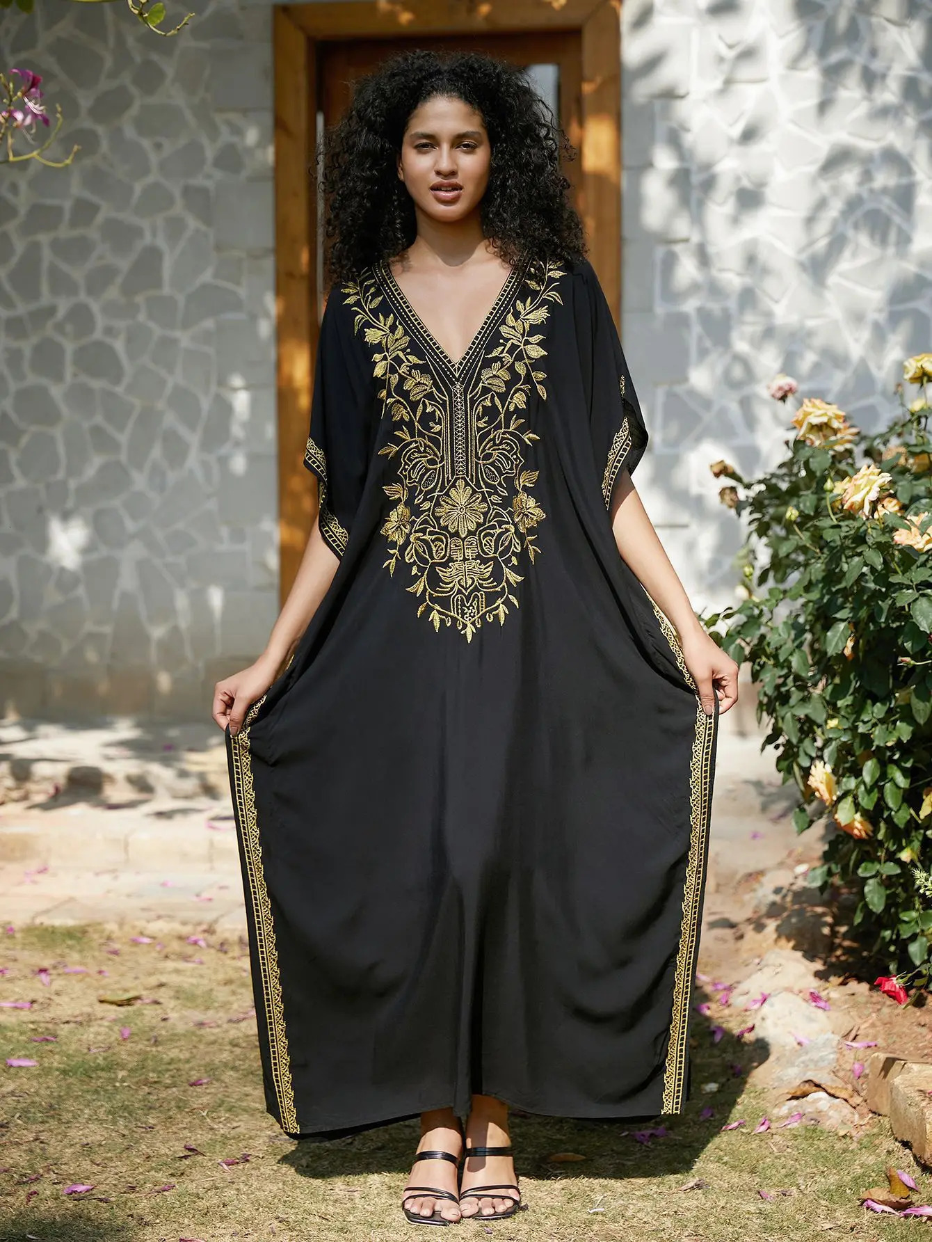 Golden embroidery long Kaftan dress Vneck beach coat womens 250415Z