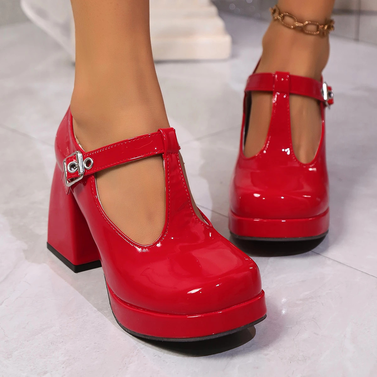 Womens Pump ner Platform Mary Jane Shoes Elegant Double Button Thick High Heels Party 250421BJ