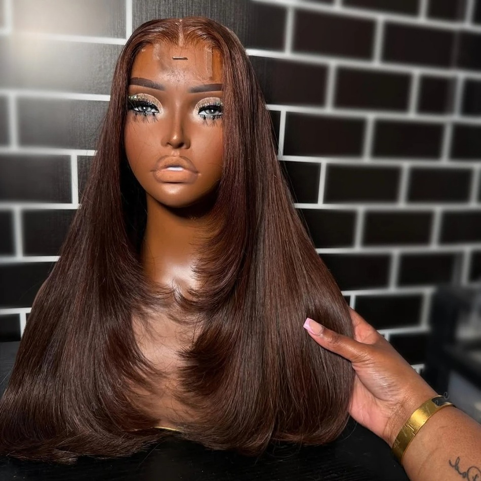 Dark Brown Layered Wig Bone Straight Human Hair Wigs 13x4 13x6 HD Lace Frontal Wig Glueless Brazilian Hair Pre-Plucked perruque Cosplay for Wemon
