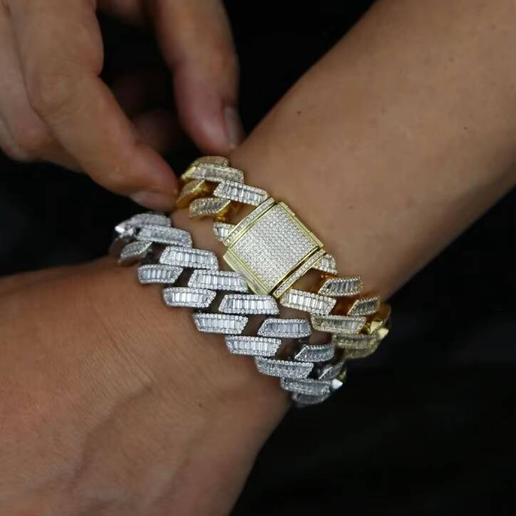 Custom Cuban Bracelet S925 Silver Gold Plated Bagutte Moissanite 15mm Cuban Link Bracelet