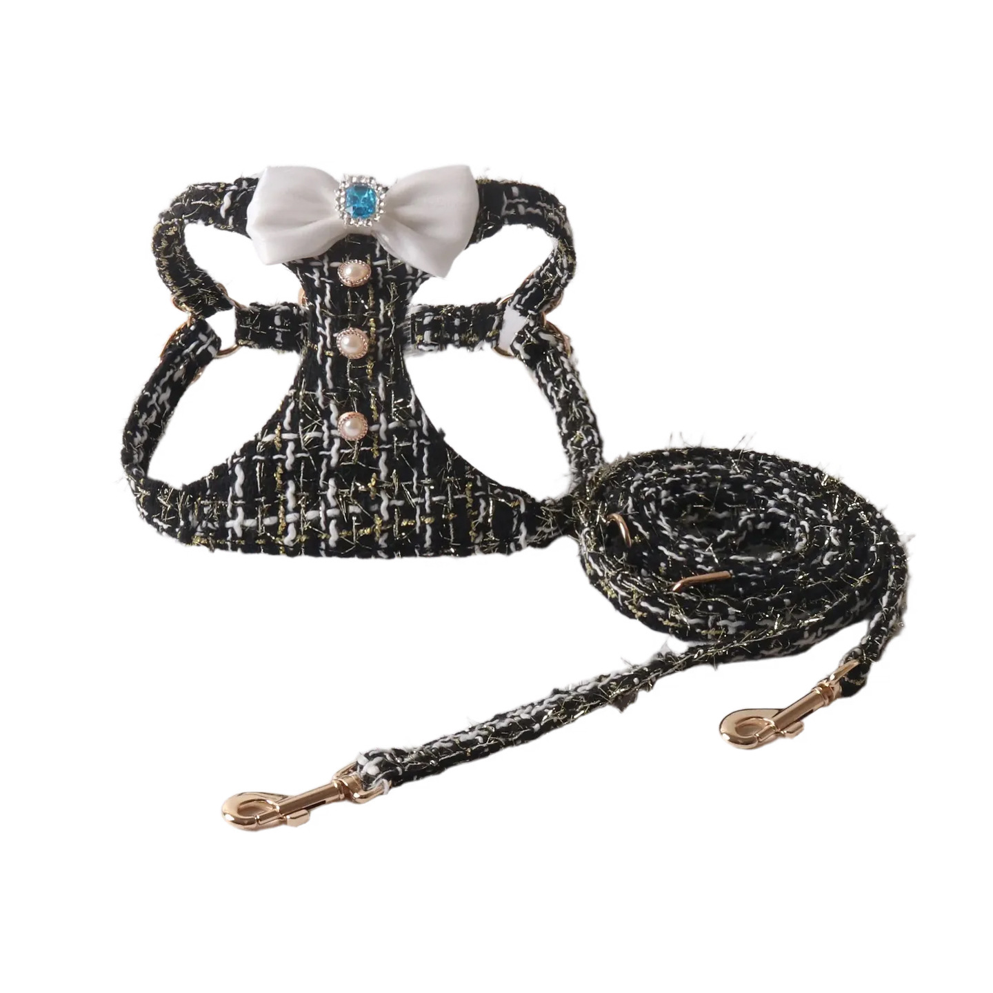 Luxury Tweed Bowknot Dog Harness and Leash Set, Pearl Button Dress Vest for Small Dogs Cats Pink Black Blue - view 3