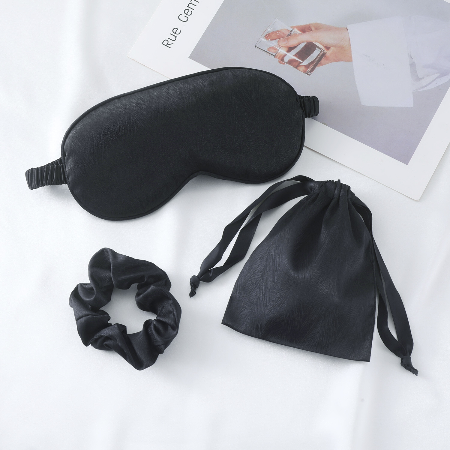 New style double-sided silk-like eye mask hair tie three-piece set, light-blocking sleep eye protection mask, gift, skin-friendly, breathable, portabl