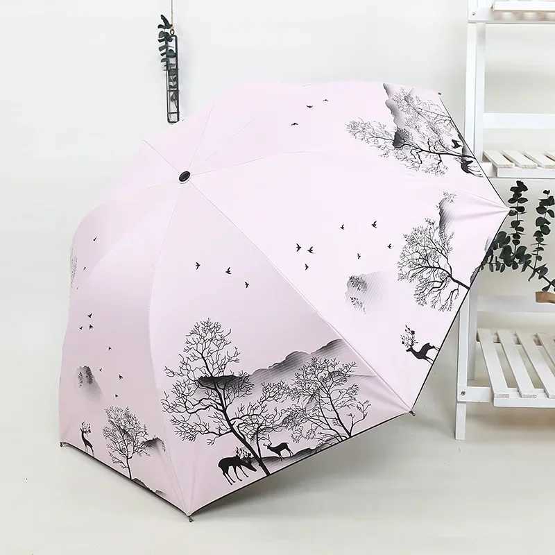 Ink Painting Umbrella ANTI-UV Foldable Umbrella Rain Women Chinese Style Umbrella Windproof Fashion Umbrellas Female GiftM251122
