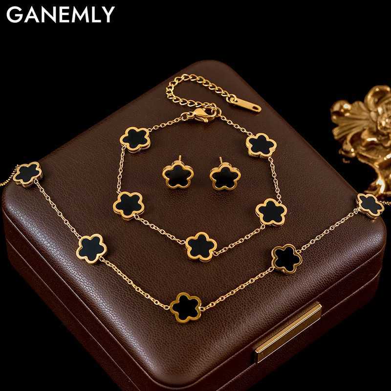GANEMLY 316L Stainless Steel Black Plum Flower Five Leaf Clover Necklace Bracelet Earrings Jewelry Set For Women Birthday Gift J251122