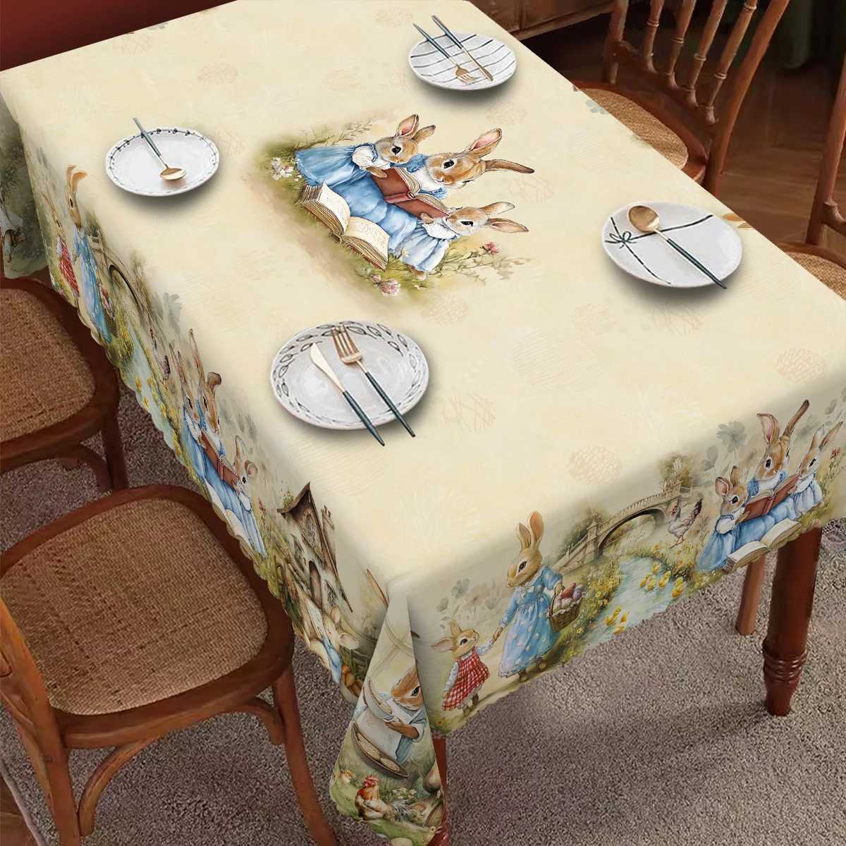 1 Easter Round Tablecloth 5 Sizes Available Retro Easter Bunny Egg Flower Print Square Tablecloth Edge Embossing Process Easter Spring C251122