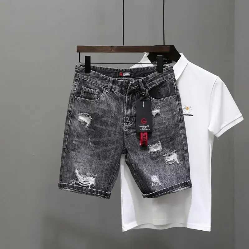 Mens short jeans pants black gray torn mens denim shorts designer buttons trendy expressions new printed stretchable Wih zipperT250422