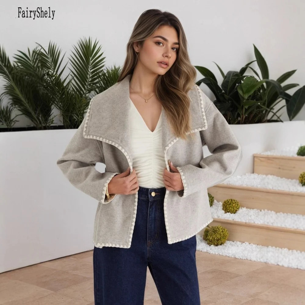 2025 Autumn Winter Gray Plush Cropped Jacket Women Casual Warm Turn down Collar Short Coat Lady Solid Thick Button Cardigan 251112