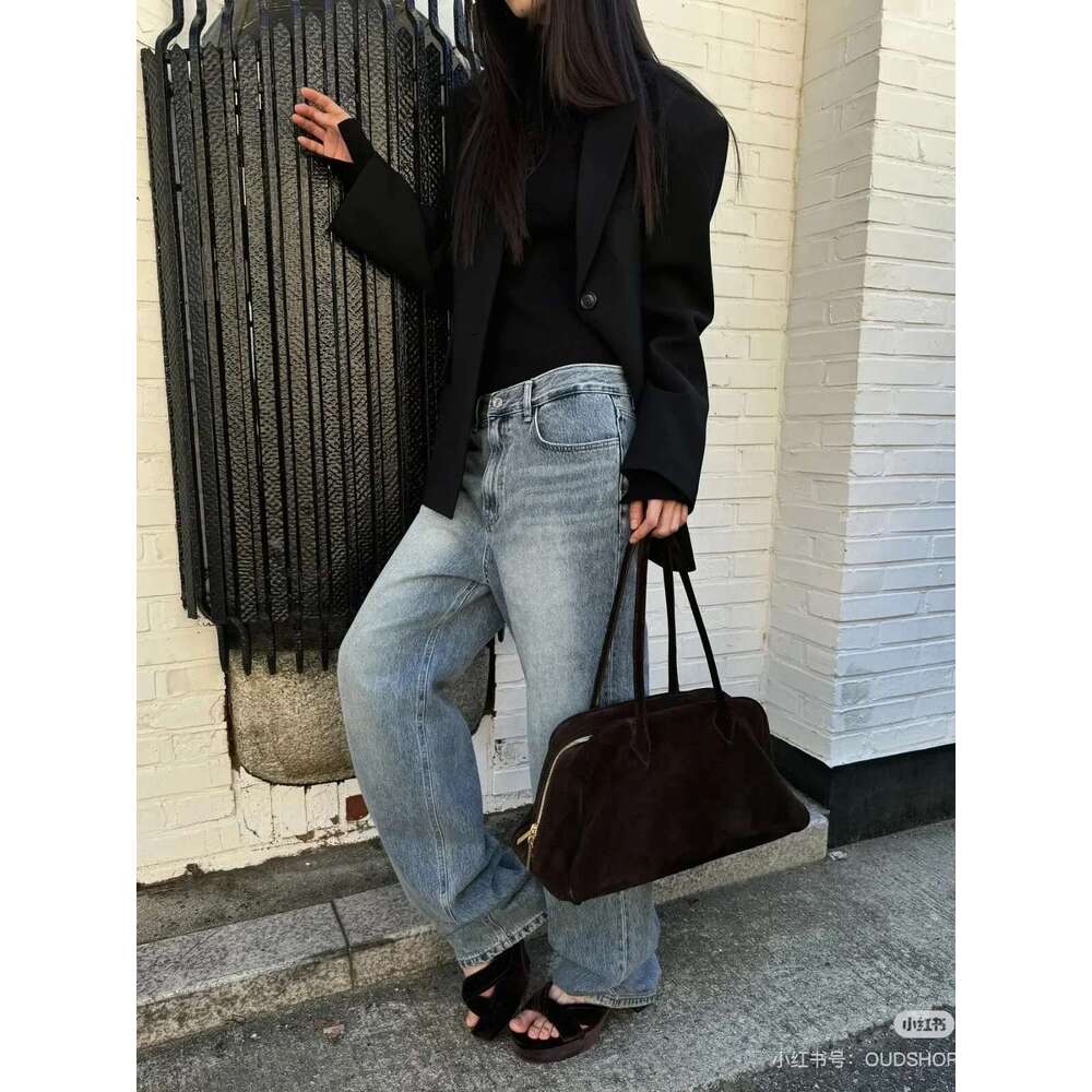 New Design Matte Coffee Color Toast Shape Bowling Tote Real Suede Leather Women Long Handle Handbag Wear Resistant Bag Bag